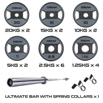JORDAN Urethane Dual Grip Olympic Plates - 140kg Set with Bar